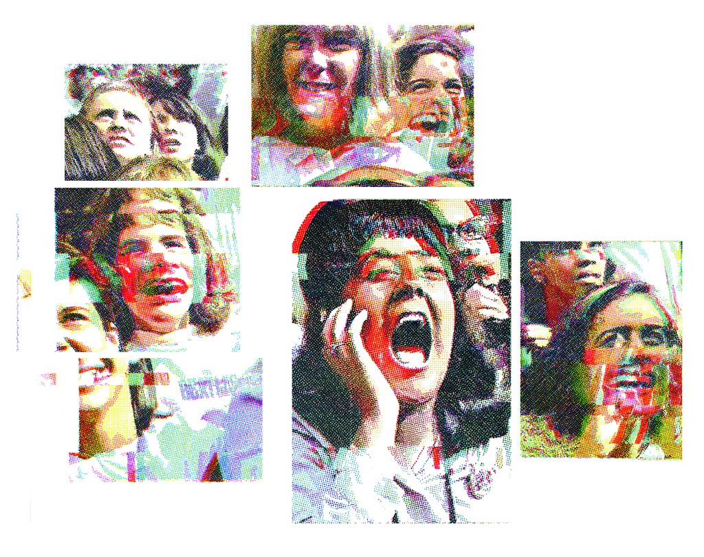 Mathieu Galton, Screaming people 0909, installation de 6 dessins aux feutres sur papier, 2023